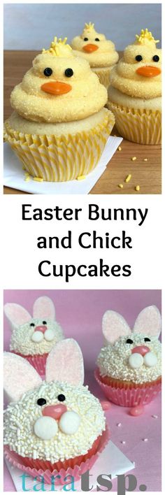 some cupcakes that have been decorated to look like easter bunny and chick faces