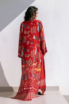 Xena Red Kaftan With Floral Print And Kimono Sleeves, Red Floral Print Kaftan With Kimono Sleeves, Red Floral Print Tunic Kaftan, Red Long Sleeve Kurta With Floral Print, Traditional Red Printed Kimono, Summer Printed Red Kurta, Red Maxi Length Kurta With Printed Motifs, Red Printed Kurta For Summer, Festive Red Floral Print Kaftan