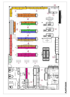 the floor plan for a restaurant with seating areas and an open kitchen area in it