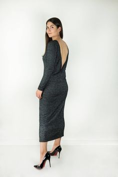 This dress is spun from pure soft Italian mohair and viscose-blend with simple design. Although the long sleeves and maxi length seem modest, it turns to reveal a deep open back. Style yours for everyday outfit with sneakers and backpack or wear it with leather biker jacket and boots at night. - Black and silver mohair/viscose-blend - Slips on - 68% viscose, 22% mohair, 10% polyamide - Dry clean - Imported Please Check out Our Knitted Sweater Collection https://www.etsy.com/listing/546574970/moh Chic Knit Midi Dress For Party, Knit Midi Sweater Dress For Party, Party Knit Midi Sweater Dress, Winter Party Knit Dress, Fitted Knit Maxi Dress For Party, Evening Knit Bodycon Dress, Fitted Knit Midi Dress For Party, Knit Fitted Midi Dress For Party, Long Sleeve Knit Dress For Date Night