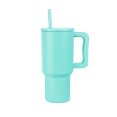 thermos travel mug with handle and straw in aqua blue is shown on a white background