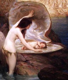 an image of a woman and child in the water with wings above them, on a white background