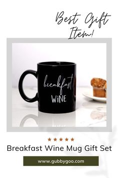 the breakfast wine mug gift set is next to a muffin on a white plate