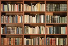 a book shelf filled with lots of books on top of wooden shelves next to each other