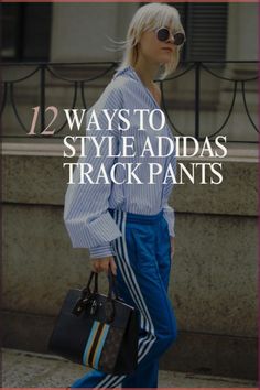 Who says comfort can't be chic? Sharing 12 ways you can style the Adidas track pants and elevate your athleisure looks. Also sharing ideas for adidas track pants outfit, adidas track pants, adidas pants, adidas pants outfit, sambas adidas women outfit, adidas street style, adidas women style, adidas track pants outfit aesthetic, red adidas pants, cool street fashion Track Bottoms Outfit Women, Adidas Airport Outfit, Elevated Athleisure Street Styles, Shirt And Track Pants Outfit, Dress Up Track Pants, Adidas Tracksuit Bottoms Outfit, Adidas Pants And Heels, Women’s Tracksuit Outfit, Navy Sweatpants Outfit Woman