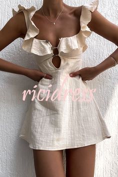 Happy Energy Linen Blend Ruffle Cut Out Resort Mini Dress Linen Mini Dress, Ruffle Sleeve Dress, Dresses 2024, Mode Inspo, Daily Dress, 가을 패션, Looks Vintage, Spaghetti Strap Dresses, Glamorous Evening Gowns