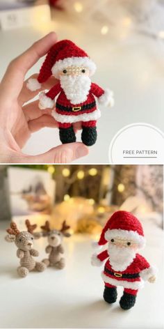 crocheted santa claus ornament is shown in three different views, including one with