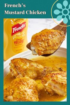 a brochure for french mustard chicken with gravy on the side and a bottle of mustard in the background