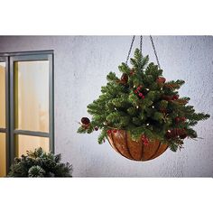 a potted christmas tree hanging from a chain on the wall next to a window