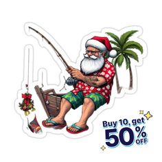 an image of santa claus fishing on the beach with palm trees and christmas decorations around him