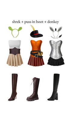 four different types of women's clothes and shoes with text that reads, shreck