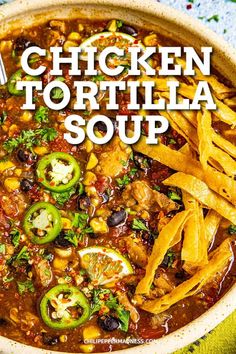 chicken tortilla soup in a bowl with french fries