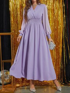 Shirred Lantern Sleeve Chiffon Prom Dress | SHEIN USA Long Sleeve Wedding Dress With Bridesmaids, Long Sleeve Chiffon Dress Casual, Long Purple Dress Casual, Chiffon Dress Casual Simple, Modest Purple Dress, Simple Purple Dress, Purple Dress Aesthetic, Simple Chiffon Dress