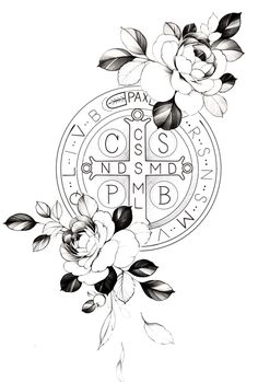 a drawing of flowers and letters on a white background