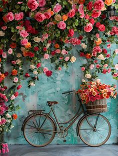 a bicycle parked next to a wall covered in flowers