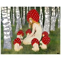 a painting of a woman sitting in the woods with four mushrooms