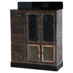 an old wooden cabinet with glass doors on the top and bottom, against a white background