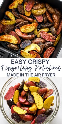 You can make crispy, flavorful fingerling potatoes in the air fryer in about 20 minutes. Simply seasoned, golden on the outside and fluffy on the inside. These potatoes make the best crispy side dish that goes with any meal! Vegan, gluten free, Whole30.