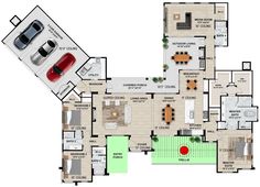 the floor plan for a house with two cars parked in it