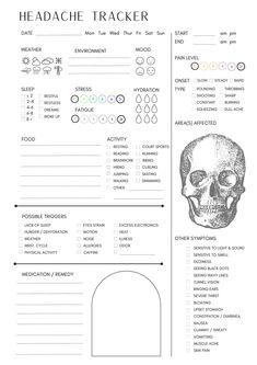 the headache tracker is shown in black and white, with an image of a human skull