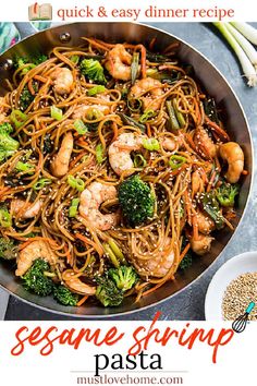 stir fry with shrimp, broccoli and sesame seed noodles in a skillet