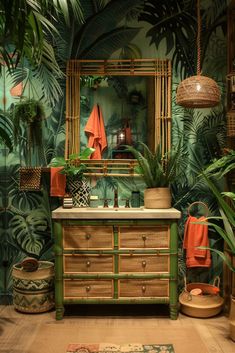 a bathroom decorated in tropical style with palm leaves