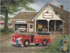 a painting of a fire station with an old truck