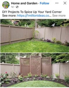 two pictures of the same fence in different stages of being used to create a garden