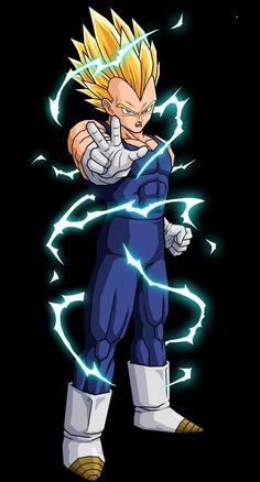 the dragon ball gohan character is shown in blue and has his hands on his chest