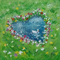 an acrylic painting of swans swimming in a pond surrounded by flowers