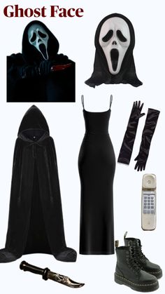 there is a costume and accessories for a person in a ghost mask, black dress with hood, long gloves, knife, cell phone