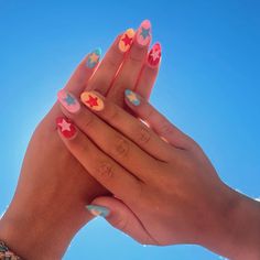 Nails, summer, bright colors Cute Nails Different Colors, Square Nails Bright Colors, Simple Vibrant Nails, Brightly Colored Nails, Bright Color Nails Summer, Multicolored Aura Nails, Summer Nails Full Color, Bright Beach Nails Summer Colors, Short Nail Designs Bright Colors