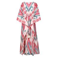 Our Cannes Cotton Ikat Maxi Kaftan dress is the perfect summer dress! This amazing fabric is completely handwoven with a combination of very fine cotton yarns, creating incredibly vibrant and beautiful colors. Ikat, meaning “to tie” or “to bind” in Indonesian, is an ancient dyeing technique involving the meticulous binding and dyeing of threads before weaving them into intricate patterns. To appreciate this artistry, Jean Marie, the founder of Pax Philomena, embarked on a special journey to the Colourful Dress, Maxi Kaftan, Kimono Coat, Silk Sleepwear, Dyeing Techniques, Kaftan Dress, Mermaid Dresses, Intricate Patterns, Natural Dyes