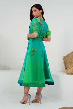 Verdant green ombre-dyed silk organza dress with 3D coral applique embroidery and balloon sleeves. - Aza Fashions Green Organza Dress For Garden Party, Green Organza Dress For Spring, Green Silk Midi Dress For Cocktail, Summer Embroidered Organza Dress For Party, Spring Green Organza Dress, Summer Party Embroidered Organza Dress, Party Dresses With Embroidered Sleeves In Organza, Sheer Sleeves Organza Dress For Garden Party, Organza Dresses For Garden Party