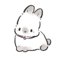 a drawing of a white rabbit with a pink ribbon around its neck sitting down and looking at the camera