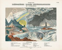 an old book with illustrations of the ocean and mountains in it's cover page