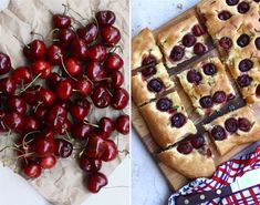 cherries are laid out on paper next to a cutting board with cherry pies