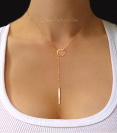 Dainty Lightweight Bar Lariat Y Necklace - Perfect alone or for layering with other necklaces! Vertical bar is either 14K gold fill, sterling silver, or rose gold Bar measures approx 26mm long  Small circle link is gold vermeil or sterling silver and measures 11mm Shimmery 14k gold filled or sterling silver chain  Tota Rose Gold Lariat Necklace, Lariat Necklace Silver, Gold Lariat Necklace, Diamond Choker Necklace, Vertical Bar Necklace, Vertical Bar, Bridesmaid Gifts Jewelry, Lariat Necklace, Minimalist Necklace