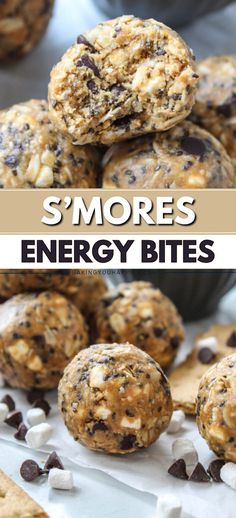 chocolate chip energy bites stacked on top of each other with the words s'mores in