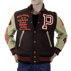 Brown Hooded Varsity Jacket For Streetwear, Fall College Sport Coat With Pockets, College Fall Sport Coat With Pockets, Brown Varsity Outerwear For Winter, Varsity Sport Coat With Pockets For Fall, Fitted Brown Varsity Jacket For Fall, Brown Fitted Varsity Jacket With Long Sleeves, Fitted Brown Varsity Jacket With Long Sleeves, Brown Sport Coat With Pockets For Streetwear