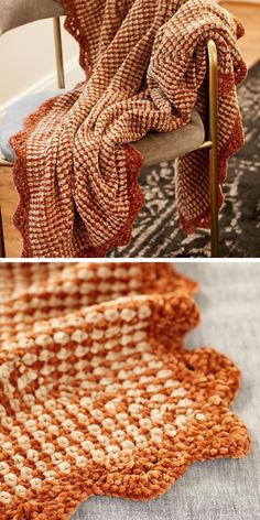 an orange and white blanket sitting on top of a wooden chair next to a rug