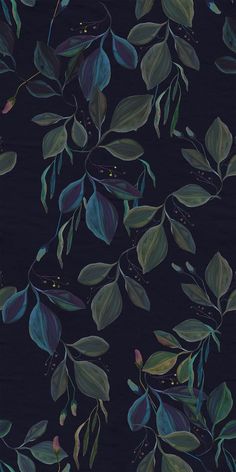 a black background with green and blue leaves