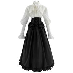 PRICES MAY VARY. Satin Imported Package Included - 1* Victorian blouse; 1* Maxi skirt. Material - The victorian blouse is made of satin, glossy textured fabric, very noble and elegant. The retro skirt is made of polyester, very soft and comfortable to wear, heavy hem and not see-through. Features - Elegant V-neck, the front ribbon can be tied into a large bow, lantern sleeve with drawstring ruffle cuffs, and lace-up on the back to adjust the waist. The corset belt-style victorian skirt is full l 1899 Womens Fashion, Different Dress Silhouettes, Victorian Fashion Casual, Vampire Clothes Female, Victorian Winter Clothes, Victorian Tea Dress, Elegant Victorian Dresses, Modern Victorian Fashion Women, Victorian London Fashion