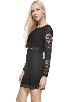 This stunning long sleeve dress features a peek-a-boo open cut in the front which exposes just hint of your stunning waistline that you worked so hard to define over the summer. With delicate black la Black Bodycon Dress With Lace Sleeves, Black Dress With Lace Sleeves For Date Night, Widow Spider, Black Widow Spider, Beautiful Evening Gowns, Floral Skater Dress, Black Lace Dress, Clothing Company, Classy Dress