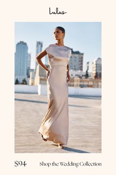 Everyone will be mesmerized by your stunning aesthetic in the Lulus Captivating Presence Champagne Satin Cowl Back Maxi Dress! Sleek satin falls effortlessly from a boat neckline as it shapes this sophisticated dress with short cap sleeves and a darted bodice that features an elegant cowl back design. The high, fitted waist boasts gathered details at the sides before continuing into a figure-skimming slip silhouette that ends at a sweeping maxi hem. Hidden side zipper/clasp. Fit: This garment fi Champagne Maxi Dress, Maxi Dress Satin, Stunning Aesthetic, Bridal Party Dresses, Adhesive Bra, Sophisticated Dress, Dress Satin, Boat Neckline, Dress 100