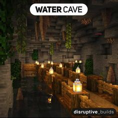 an image of a minecraft restaurant with candles on the tables and water cave in the background