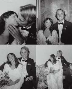 black and white photos of people in formal wear, one is kissing the other's face