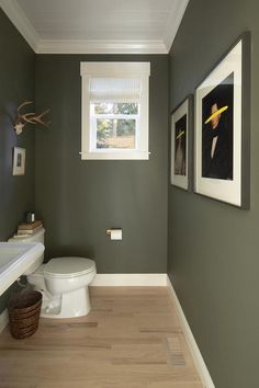 a bathroom with green walls and white trim on the ceiling, along with pictures hanging on the wall