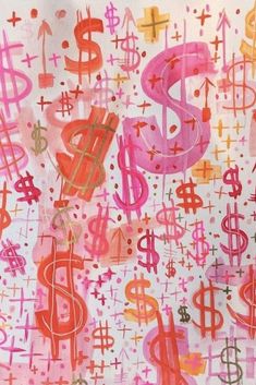 an abstract painting with pink, red and orange letters on white paper that says $