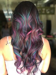 Mermaid Balayage Hair, Balayage Vivid Color, Brunette With Colorful Highlights, Gender Reveal Hair Color, Vivid Underneath Hair, Unicorn Hair Color Peekaboo, Red And Blue Balayage Hair, Blue And Purple Hair Color Ideas For Brunettes, Blue And Purple Hair Highlights Brunettes